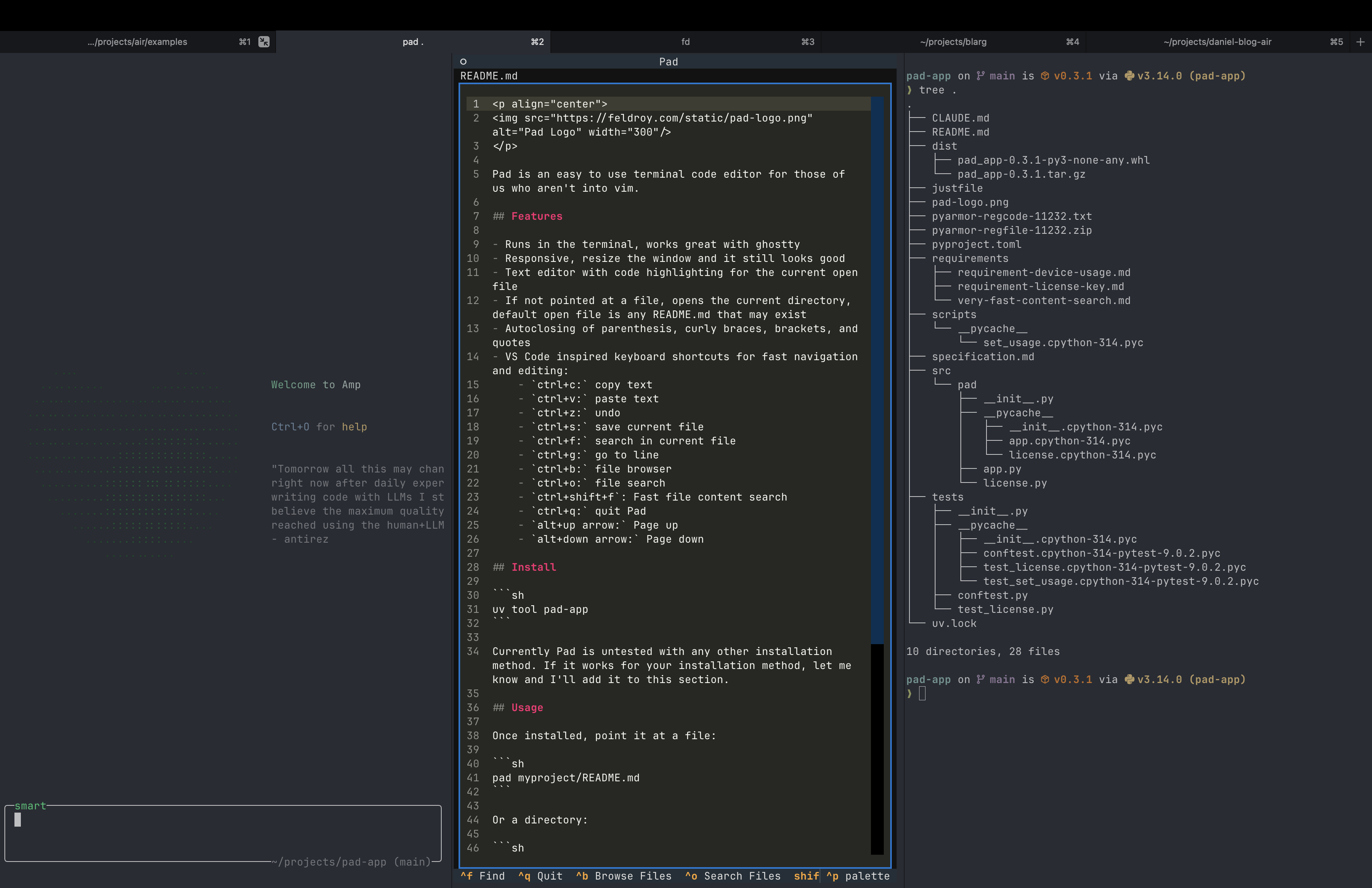 Pad editor running alongside Amp in a multipane terminal setup